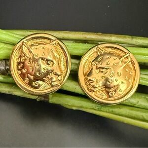 Vintage Unsigned Gold-tone Leopard Head Round Statement Earrings 17.6g.